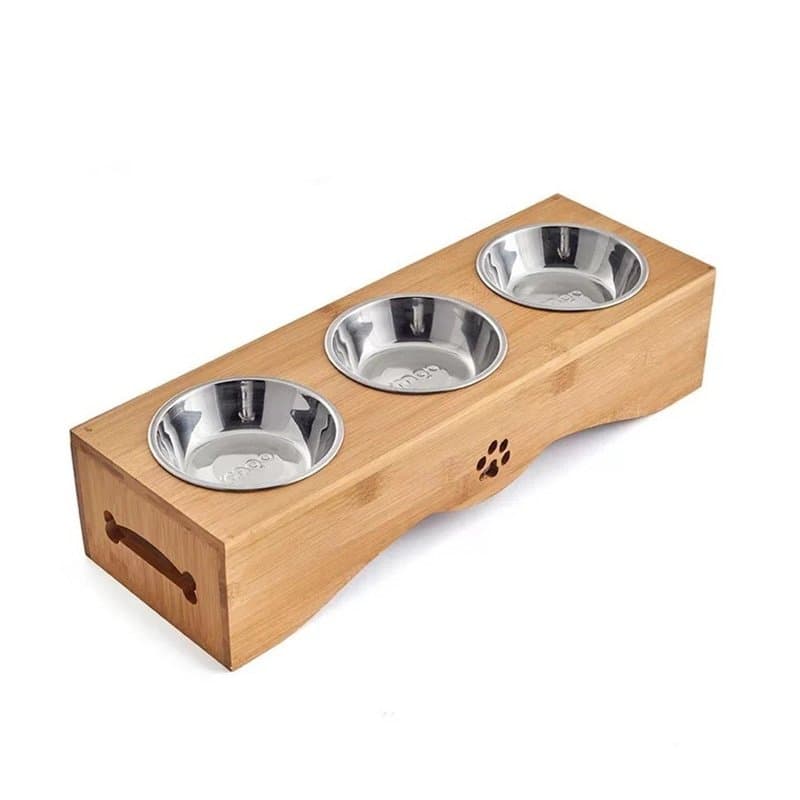 Pet Supplies Cat Pet Food Utensils Natural Bamboo Wood Dining Table - Wood color, Stainless steel